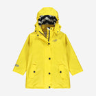 flat - A yellow Muddy Puddles rain jacket with a hood is zipped and buttoned up on a white background.